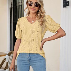 Yellow Eyelet Puff Sleeve Top